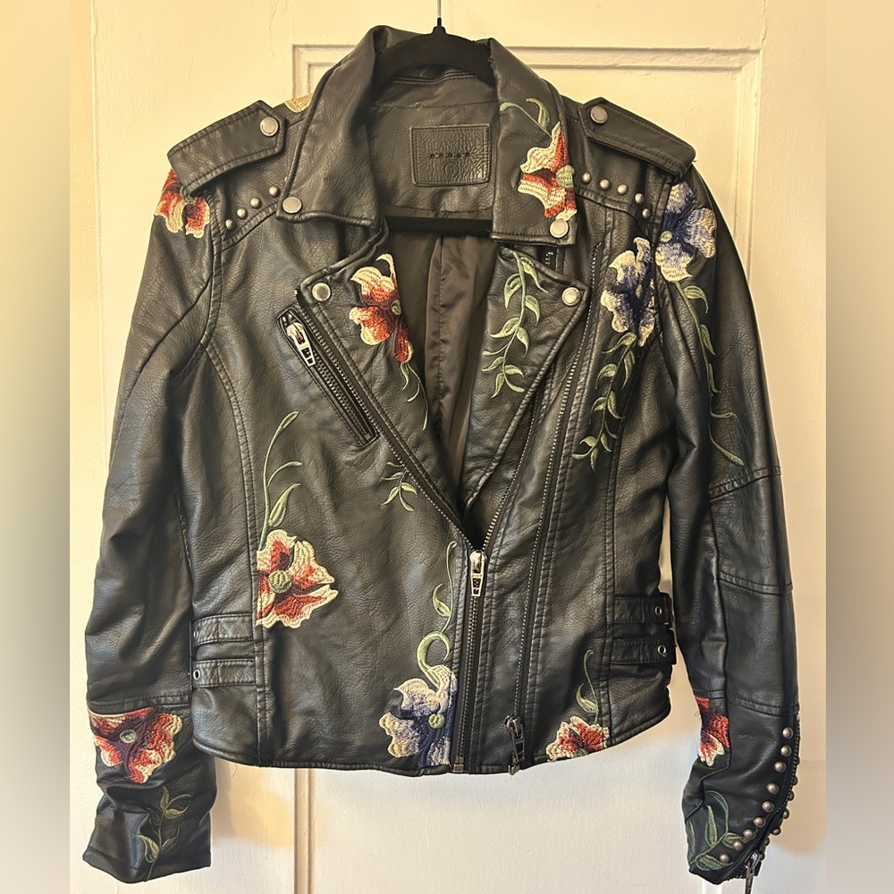Blanknyc Black Floral Embroidered Faux Leather Moto Jacket